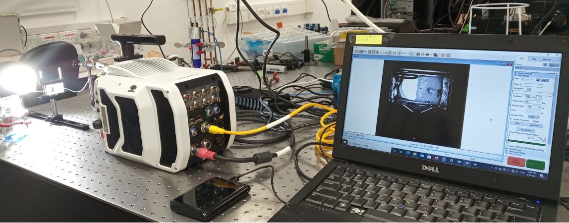 High-speed camera with LED illumination and acquisition laptop in the lab